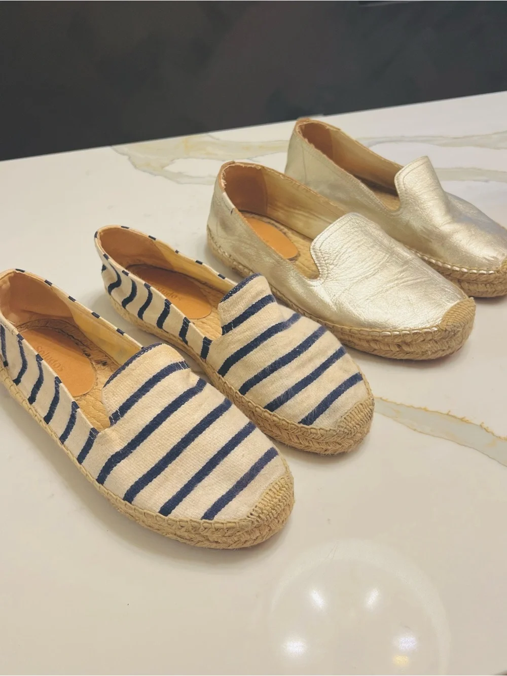 Soludos Blue-Striped Canvas and Gold Metallic Espadrilles - Bundle of 2